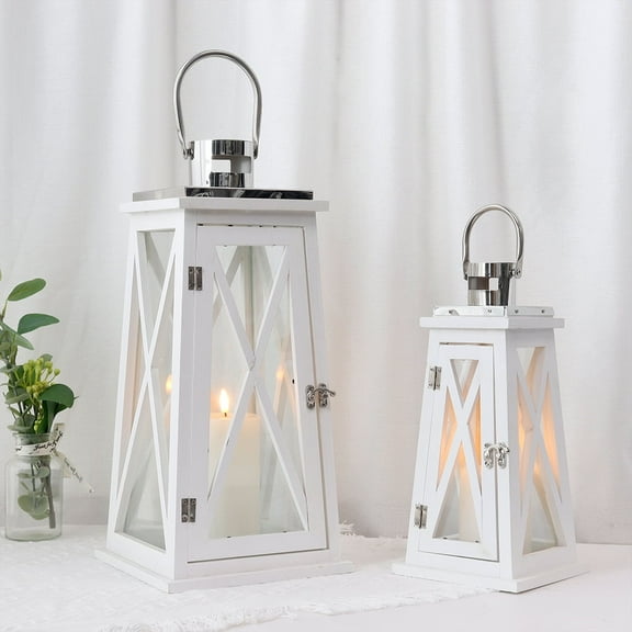 Set of 2 Metal Outdoor Candle Lantern, Decorative Wooden and Stainless Steel Candle Lantern with Tempered Glass (White Trapezoid)