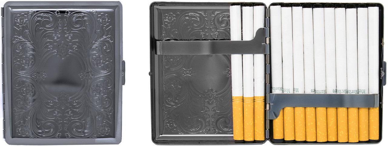 Set of 2 Metal-Plated 100s Cigarette Case & Stash Box (Black Victorian Scroll)