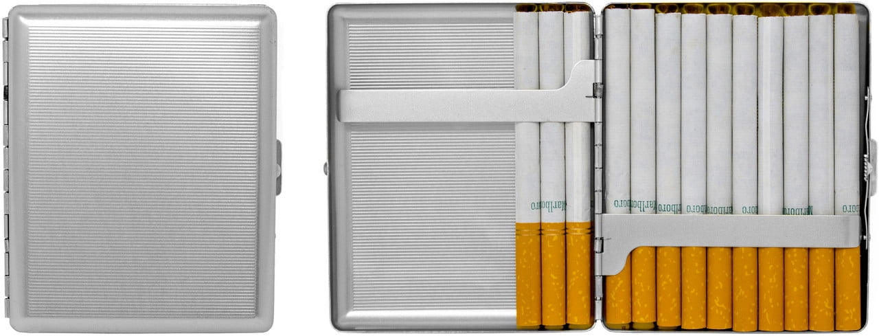 Set of 2 Metal-Plated 100s Cigarette Case & Stash Box (Silver Classic)