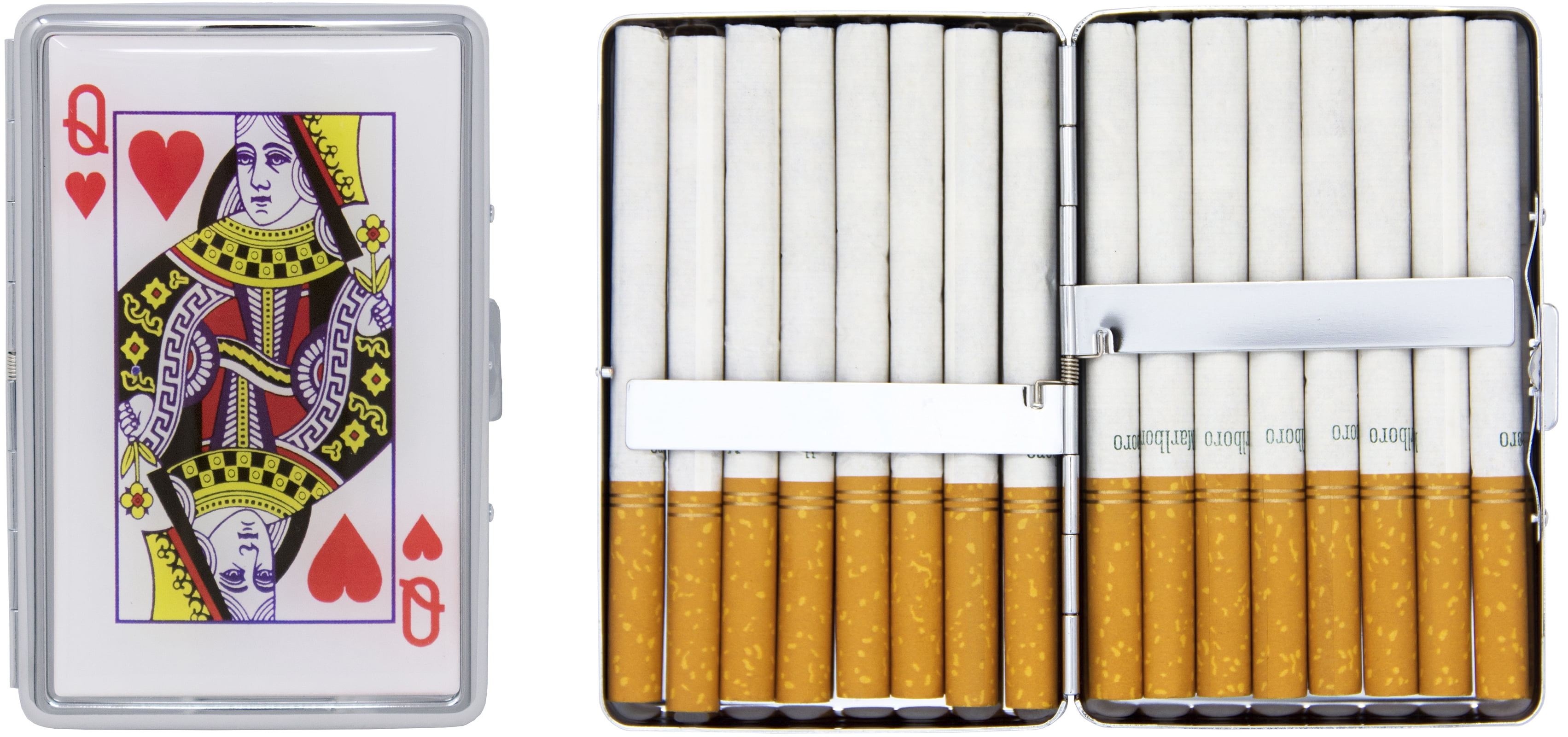 Set of 2 Metal-Plated 100s Compact Cigarette Case & Stash Box (Queen of Hearts)
