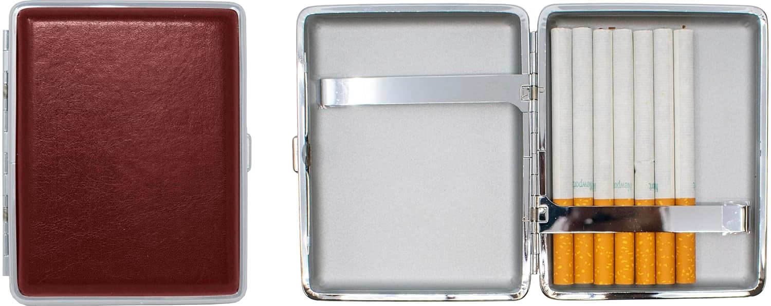 Set of 2 Metal-Plated 100s Leather Cigarette Case & Stash Box (Buffalo Burgundy)