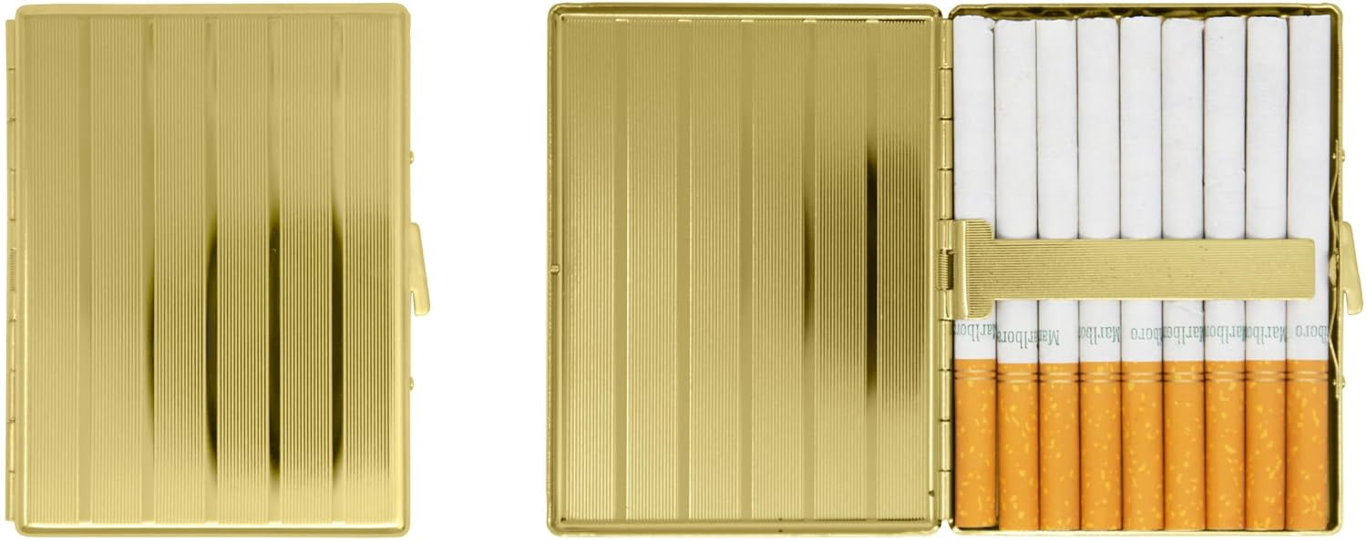 Set of 2 Metal-Plated 100s Ultra Compact Cigarette Case & Stash Box (Gold Lines)