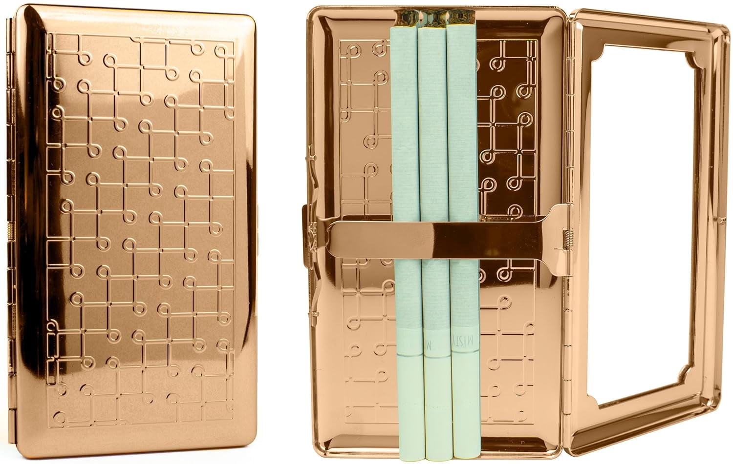 Set of 2 Metal-Plated 120s Compact Cigarette Case & Personal Mirror (Rose Gold Loops)