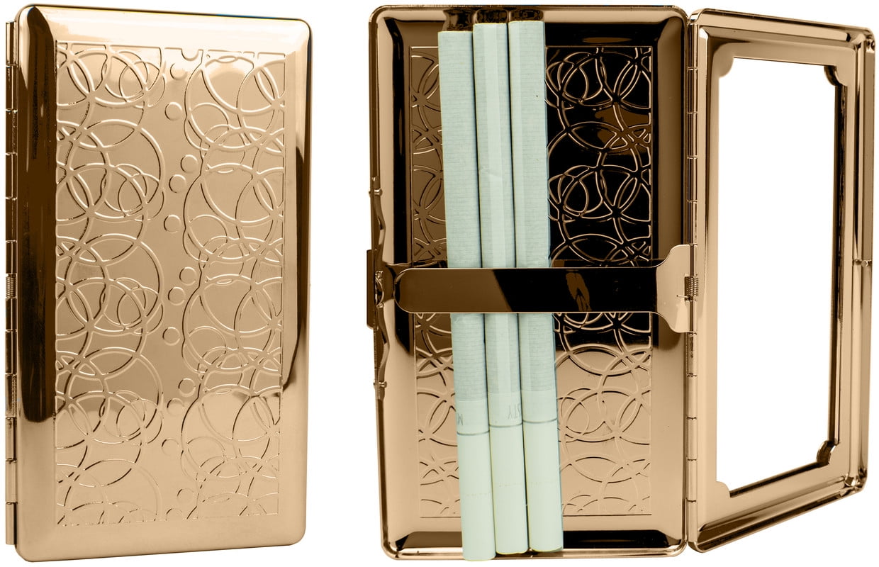 Set of 2 Metal-Plated 120s Compact Cigarette Case & Personal Mirror (Rose Gold Rings)