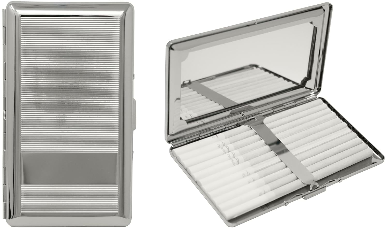 Set of 2 Metal-Plated 120s Compact Cigarette Case & Personal Mirror (Silver Classic)