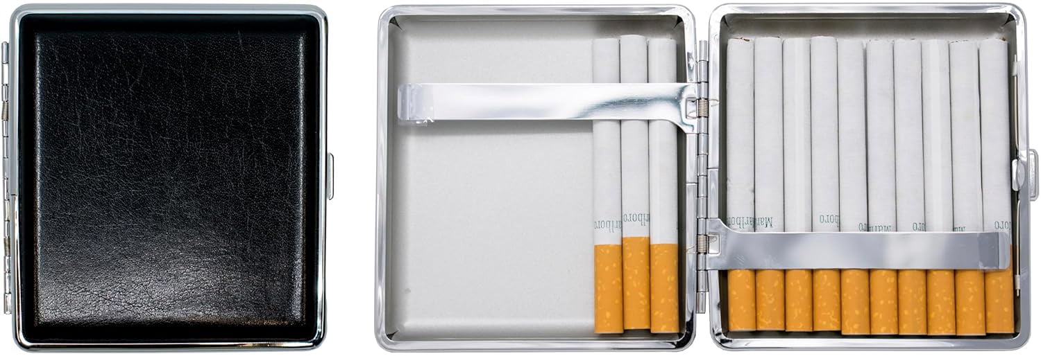 Set of 2 Metal-Plated King Size Leather Cigarette Case & Stash Box (Buffalo Black)