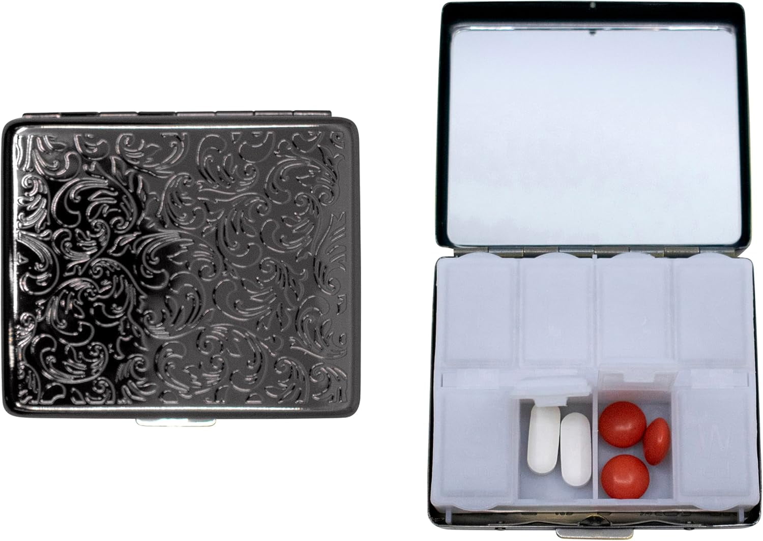Set of 2 Metal-Plated Weekly (7-Day) Pill Box Case & Portable Medicine Organizer (Gunmetal Victorian)