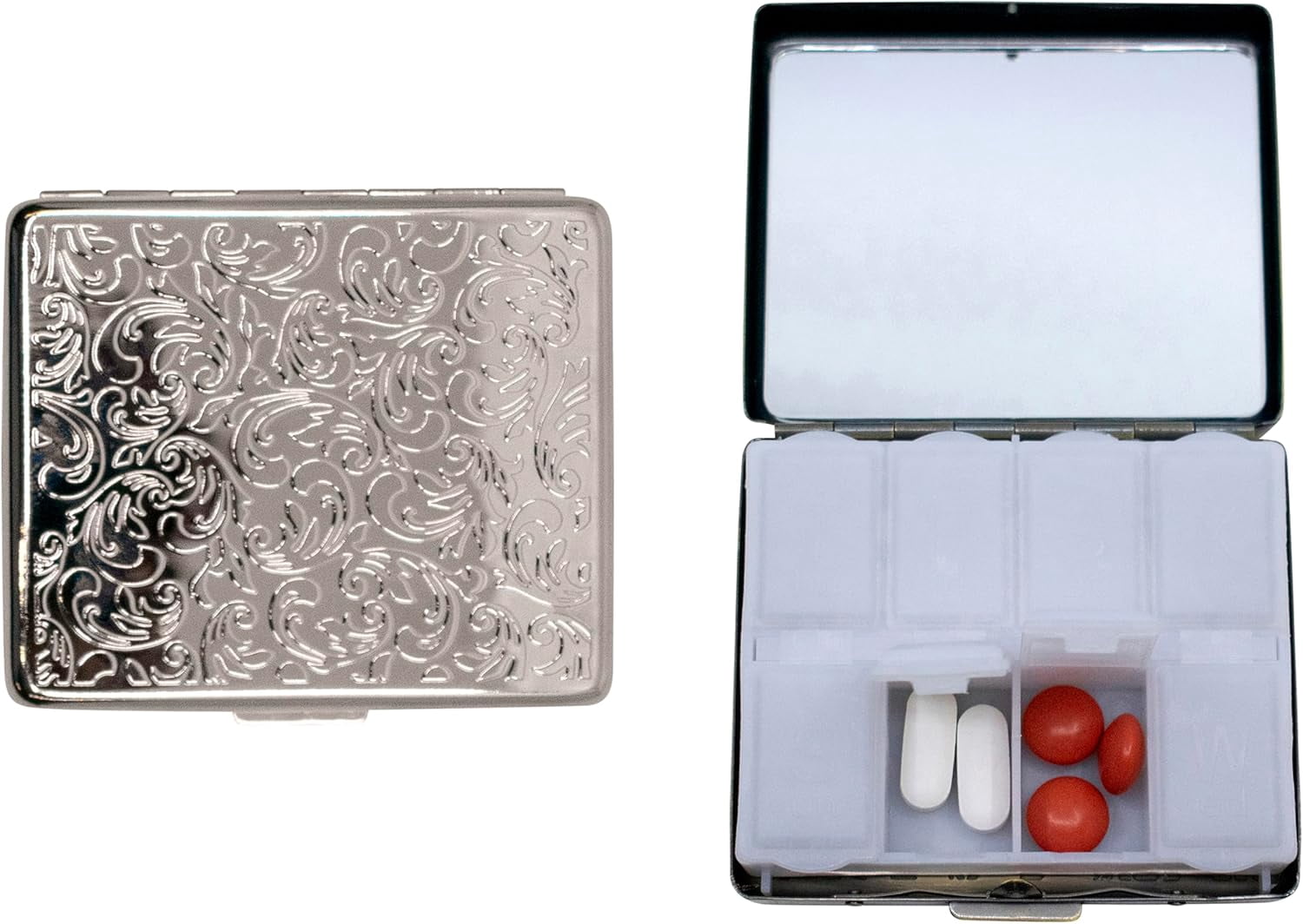 Set of 2 Metal-Plated Weekly (7-Day) Pill Box Case & Portable Medicine Organizer (Silver Victorian)