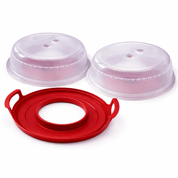 Microwave Splatter Cover Set of 2 with Plate Caddy, 10.5" Food Cover with Steam Vents & Cool-Touch Handles, BPA-Free Dishwasher Safe