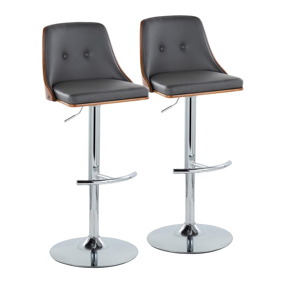 Set of 2 Mid-Century Modern Adjustable Barstools with Swivel, Chrome Metal Base, Walnut Wood and Grey Faux Leather
