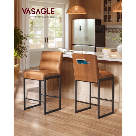 Set of 2 Mid-Century Modern Bar Stools with Backs, 26.4 Inch Counter Height Stools with Storage Pocket, Caramel Brown