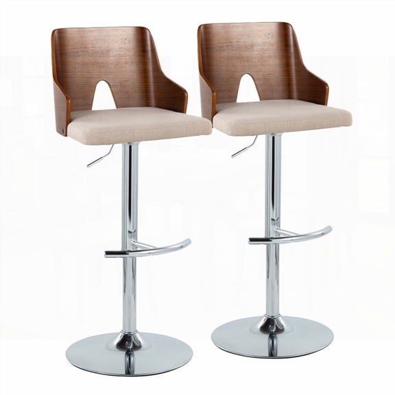 Set of 2 Mid-Century Modern Barstools - Walnut Wood & Beige Fabric with Chrome Base