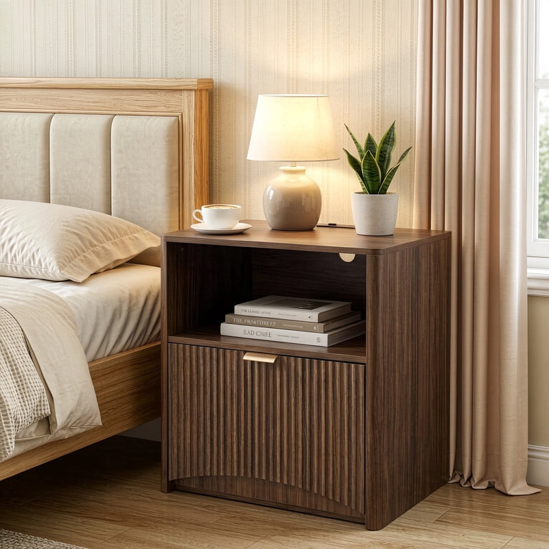 Set of 2 Mid-Century Modern Bedside Table with Charging Station, Storage Nightstand with Open Shelf and Large Fluted Drawer