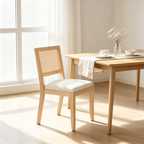 Set of 2 Mid-Century Modern Farmhouse Rattan Dining Chairs, Beige Cane Low Back, Natural Solid Wood Frame