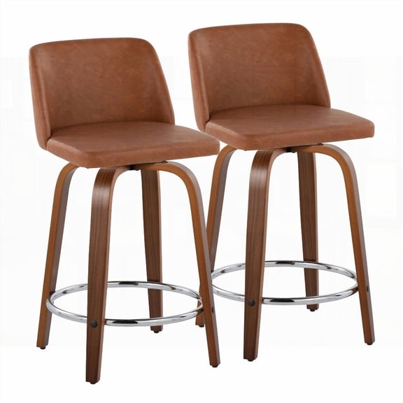 Set of 2 Mid-Century Modern Fixed-Height Counter Stools in Walnut Wood with Camel Faux Leather and Round Chrome Footrest