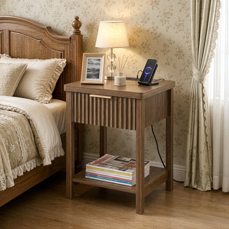 Set of 2 Mid-Century Modern Small Bedside Storage Table with Power Socket, Wood Nightstand with Open Shelf & One Drawer