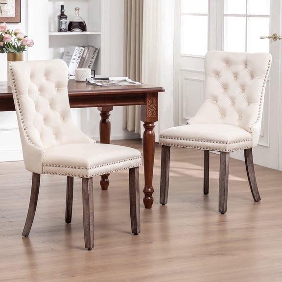 Set of 2 High Back Velvet Dining Chairs, Mid-Century Modern Accent Chairs with Nailhead Trim for Kitchen & Living Room(Beige)
