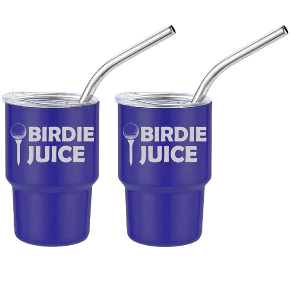Set of 2 Mini Tumbler Shot Glasses 3oz Shot Glass With Straw and Lid Stainless Steel Gift Birdie Juice Funny Golfer Golf (Blue)