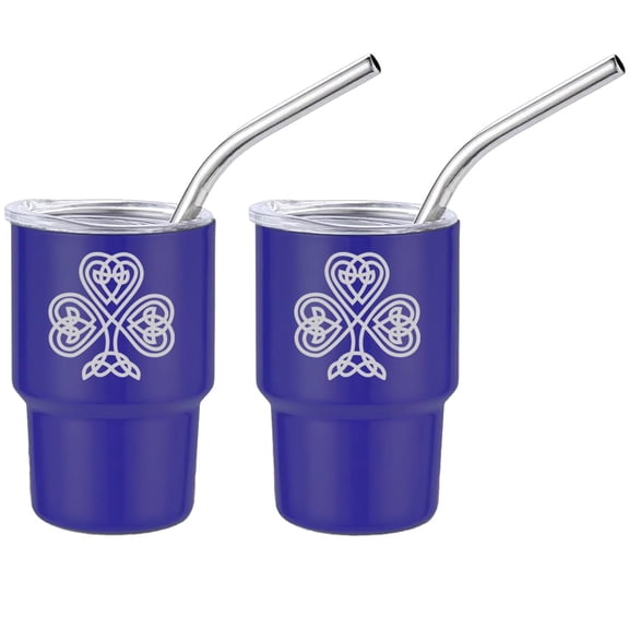 Set of 2 Mini Tumbler Shot Glasses 3oz Shot Glass With Straw and Lid Stainless Steel Gift Celtic Clover Shamrock (Blue)