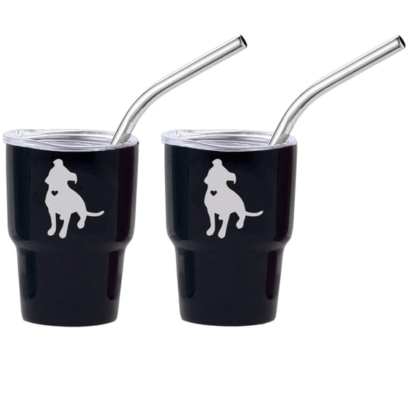 Set of 2 Mini Tumbler Shot Glasses 3oz Shot Glass With Straw and Lid Stainless Steel Gift Cute Pitbull with Heart (Black)