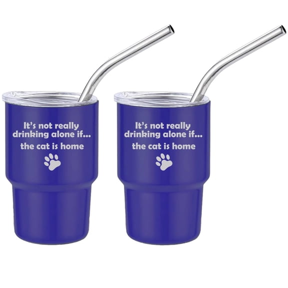 Set of 2 Mini Tumbler Shot Glasses 3oz Shot Glass With Straw and Lid Stainless Steel Gift Drinking Alone Cat Funny (Blue)
