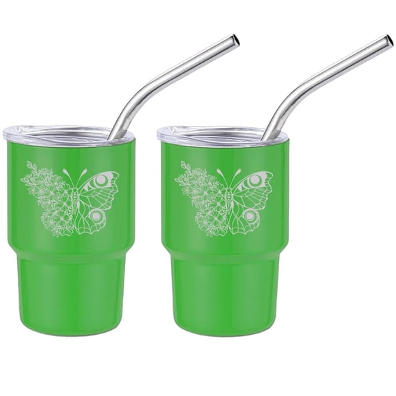 Set of 2 Mini Tumbler Shot Glasses 3oz Shot Glass With Straw and Lid Stainless Steel Gift Flower Butterfly (Green)