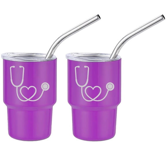 Set of 2 Mini Tumbler Shot Glasses 3oz Shot Glass With Straw and Lid Stainless Steel Gift Heart Stethoscope Nurse Doctor (Purple)