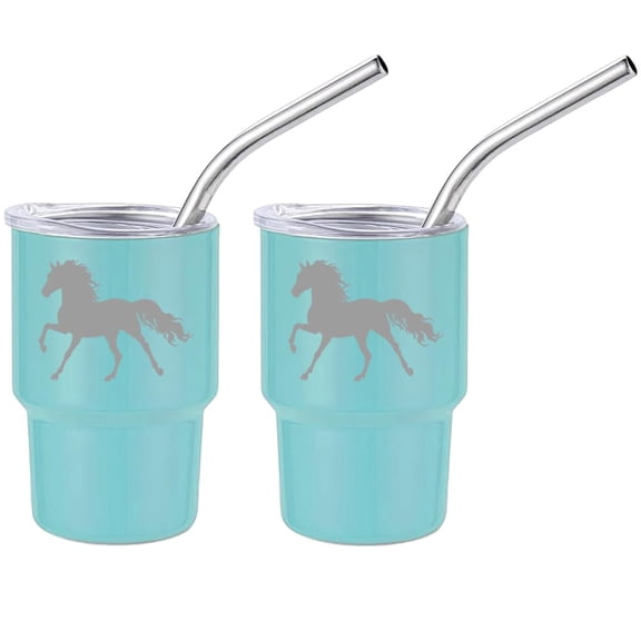 Set of 2 Mini Tumbler Shot Glasses 3oz Shot Glass With Straw and Lid Stainless Steel Gift Horse (Light Blue)