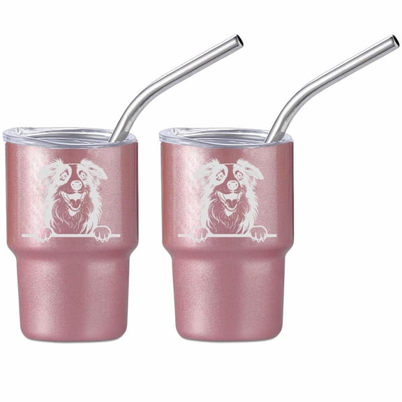 Set of 2 Mini Tumbler Shot Glasses 3oz Shot Glass With Straw and Lid Stainless Steel Gift Peeking Aussie Australian Shepherd Dog (Rose Gold)