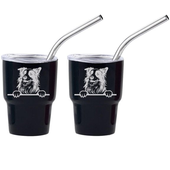 Set of 2 Mini Tumbler Shot Glasses 3oz Shot Glass With Straw and Lid Stainless Steel Gift Peeking Border Collie Dog (Black)