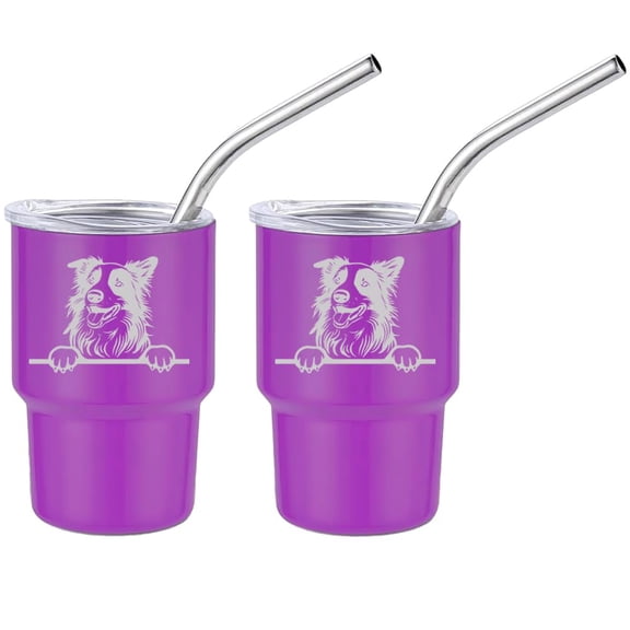 Set of 2 Mini Tumbler Shot Glasses 3oz Shot Glass With Straw and Lid Stainless Steel Gift Peeking Border Collie Dog (Purple)