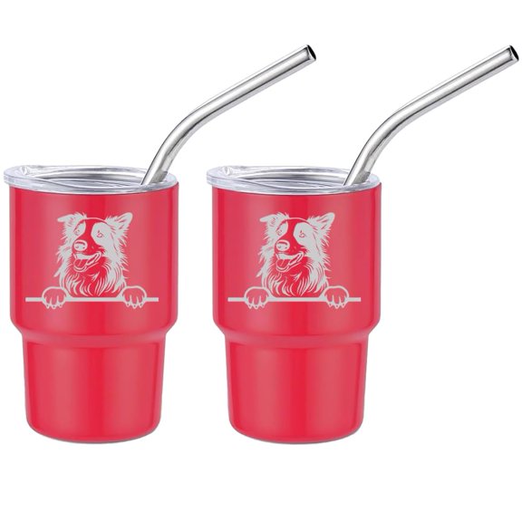 Set of 2 Mini Tumbler Shot Glasses 3oz Shot Glass With Straw and Lid Stainless Steel Gift Peeking Border Collie Dog (Tomato Red)