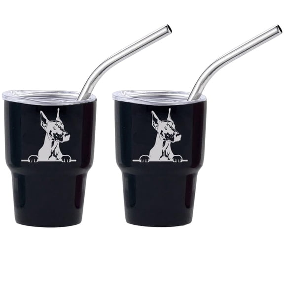 Set of 2 Mini Tumbler Shot Glasses 3oz Shot Glass With Straw and Lid Stainless Steel Gift Peeking Doberman Dog (Black)