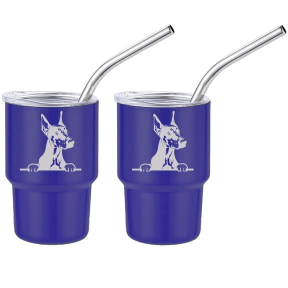 Set of 2 Mini Tumbler Shot Glasses 3oz Shot Glass With Straw and Lid Stainless Steel Gift Peeking Doberman Dog (Blue)