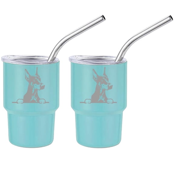 Set of 2 Mini Tumbler Shot Glasses 3oz Shot Glass With Straw and Lid Stainless Steel Gift Peeking Doberman Dog (Light Blue)