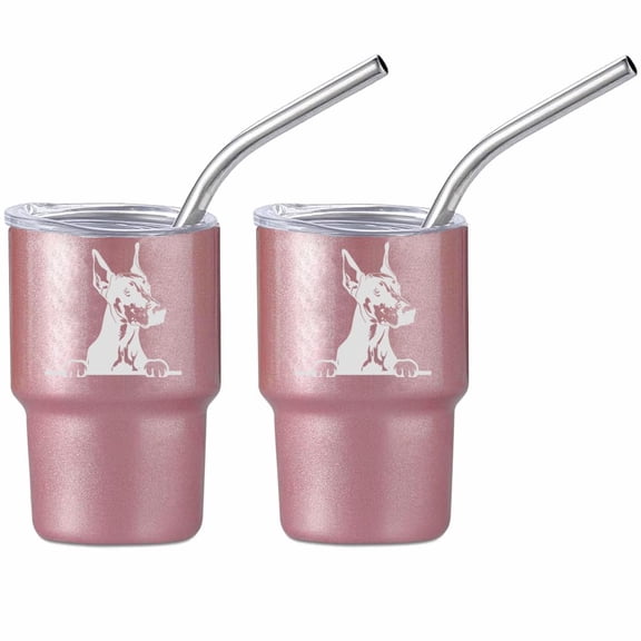 Set of 2 Mini Tumbler Shot Glasses 3oz Shot Glass With Straw and Lid Stainless Steel Gift Peeking Doberman Dog (Rose Gold)
