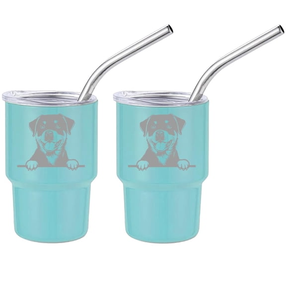 Set of 2 Mini Tumbler Shot Glasses 3oz Shot Glass With Straw and Lid Stainless Steel Gift Peeking Rottweiler Dog (Light Blue)