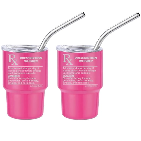 Set of 2 Mini Tumbler Shot Glasses 3oz Shot Glass With Straw and Lid Stainless Steel Gift Presciption Whiskey Funny (Hot Pink)