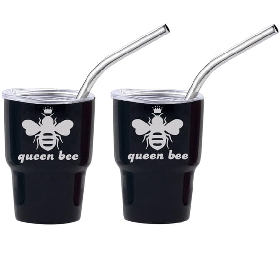 Set of 2 Mini Tumbler Shot Glasses 3oz Shot Glass With Straw and Lid Stainless Steel Gift Queen Bee (Black)