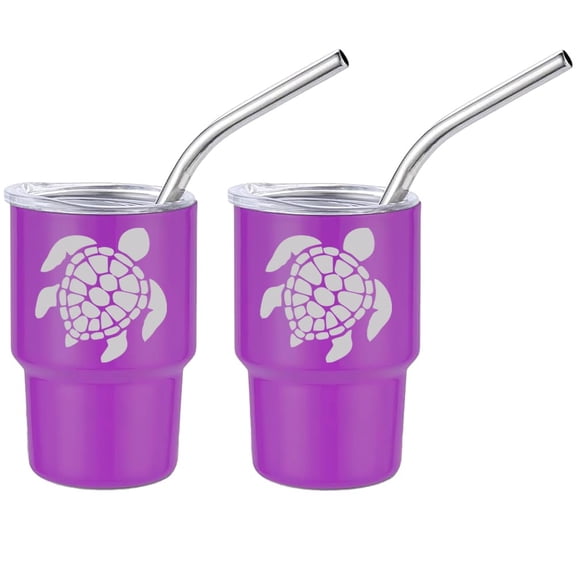 Set of 2 Mini Tumbler Shot Glasses 3oz Shot Glass With Straw and Lid Stainless Steel Gift Sea Turtle (Purple)