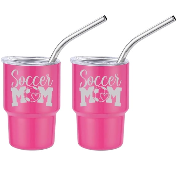 Set of 2 Mini Tumbler Shot Glasses 3oz Shot Glass With Straw and Lid Stainless Steel Gift Soccer Mom with Heart (Hot Pink)