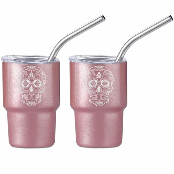 Set of 2 Mini Tumbler Shot Glasses 3oz Shot Glass With Straw and Lid Stainless Steel Gift Sugar Candy Skull (Rose Gold)