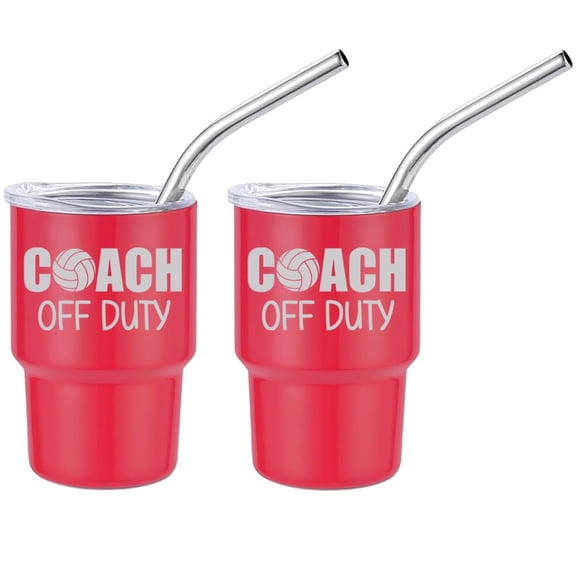 Set of 2 Mini Tumbler Shot Glasses 3oz Shot Glass With Straw and Lid Stainless Steel Gift Volleyball Coach Off Duty Funny (Tomato Red)