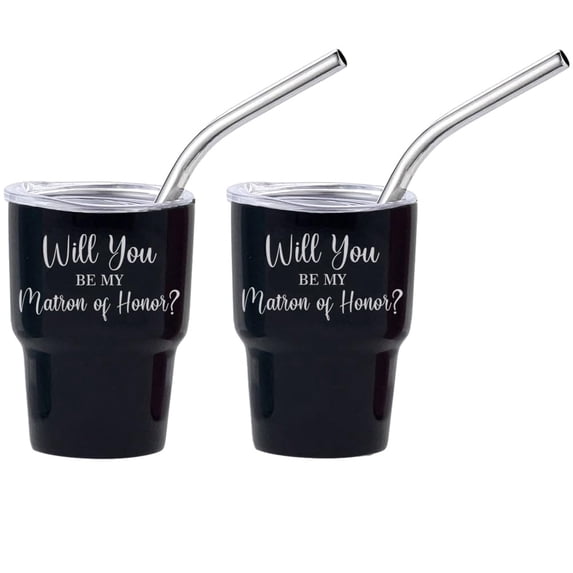 Set of 2 Mini Tumbler Shot Glasses 3oz Shot Glass With Straw and Lid Stainless Steel Gift Will You Be My Matron Of Honor Proposal (Black)