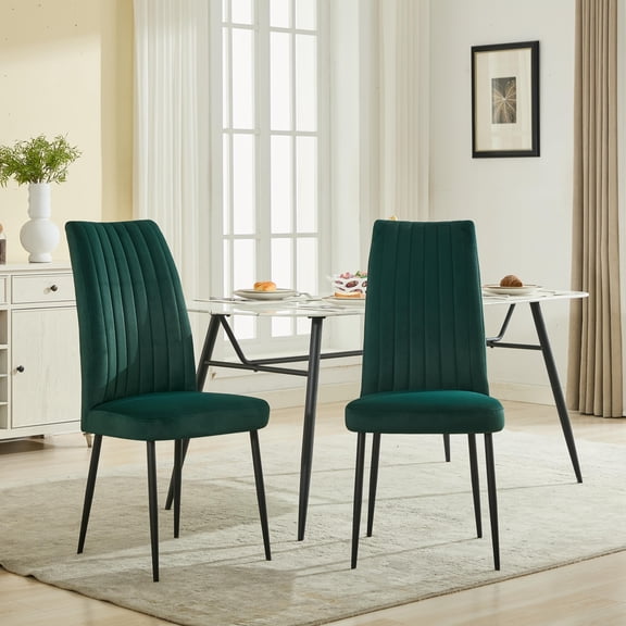 Set of 2 Minimalist Dining Chairs with Green Velvet Upholstery and Adjustable Iron Foot Studs for Kitchen Restaurant Home Use