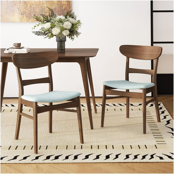 Set of 2 Mint Fabric Upholstered Dining Chairs, Mid-Century Modern Kitchen Side Chairs with Rubberwood Legs