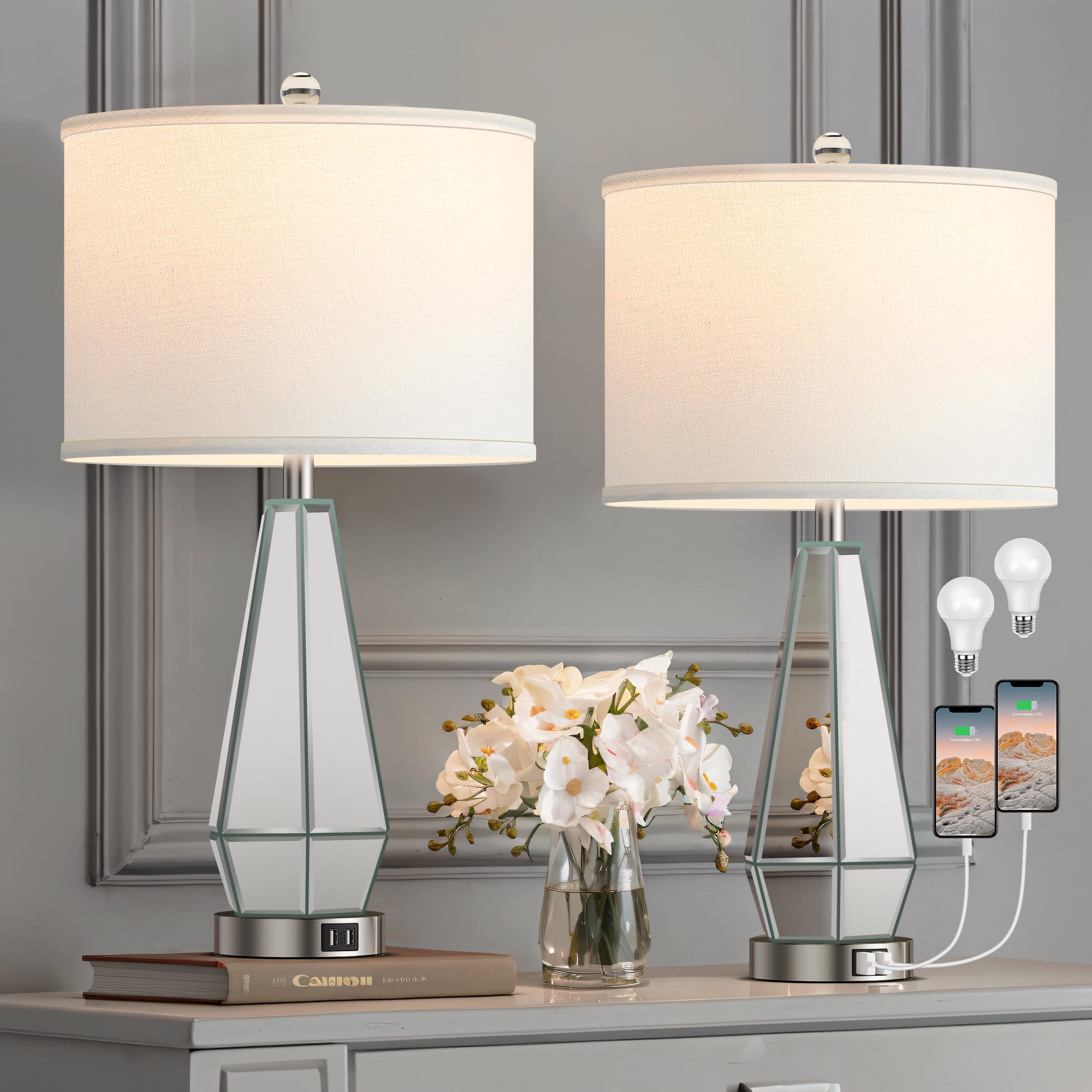 Set of 2 Mirrored Glass Bedside Table Lamps with 2 USB Ports for Bedrooms Modern Side Nightstand Lamps