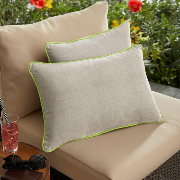 Set of 2 Mocha Brown and Neon Green Trim Sunbrella Rectangular Outdoor Pillow 20"