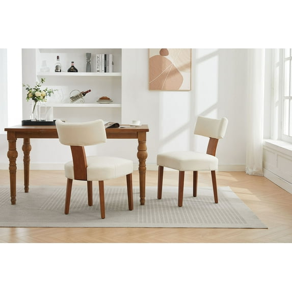 Set of 2 Modern Armless Dining Chairs in Linen Fabric with Curved Backrest and Solid Wooden Legs for Living Room