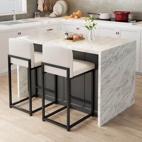 Set of 2 Modern Bar Stools, Metal Frame PU Leather Counter Height Barstools with Back, Upholstered Bar Chairs for Kitchen Island & Home Bar